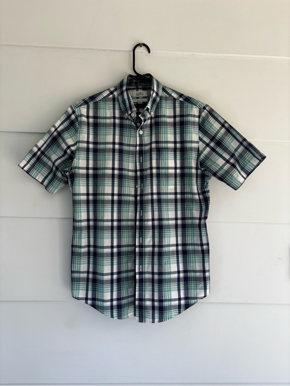 Croft & Barrow Men’s Small Button Up Short Sleeve Shirt Blue Green Plaid Preppy